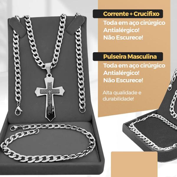 Imagem de Relogio masculino aço inox + cordão prata grumet + relogio masculino preto presente crucifixo casual