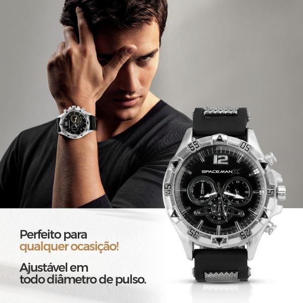 Imagem de Relogio masculino aço inox + cordão prata grumet social Ajustavel crucifixo black piano pai nosso