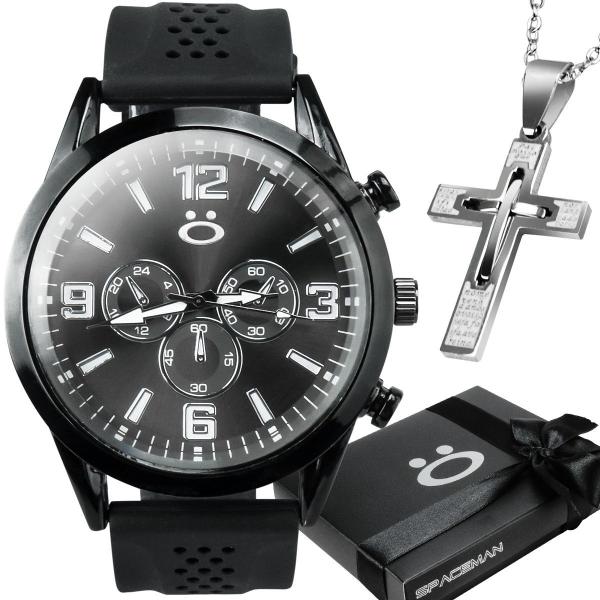 Imagem de Relogio masculino aço inox + corrente crucifixo pulseira ajustavel social silicone casual presente