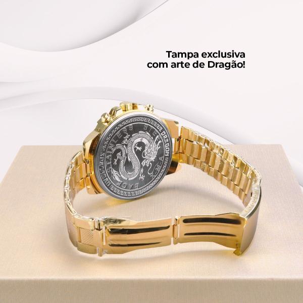 Imagem de Relógio Masculino Aço Inox Grande Banhado a Ouro + Caixa  - Orizom Spaceman Dragon