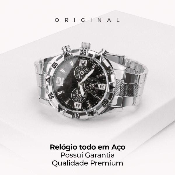 Imagem de Relógio Masculino Aço Inox Prata + Caixa Casual Grande