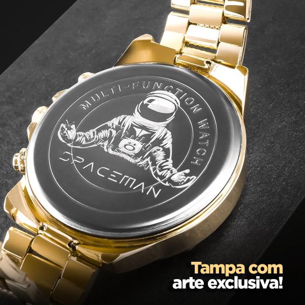 Imagem de relógio masculino aço inox + pulseira + cordão crucifixo dourado preto social casual inoxidável