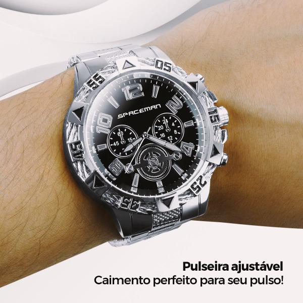 Imagem de Relogio masculino aço inox + pulseira grumet + cordão cruz casual social inoxidável analogico preto