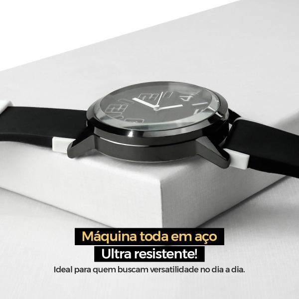 Imagem de Relogio Masculino Aço Inox Silicone Preto + Caixa Premium presente robusto branco preto social