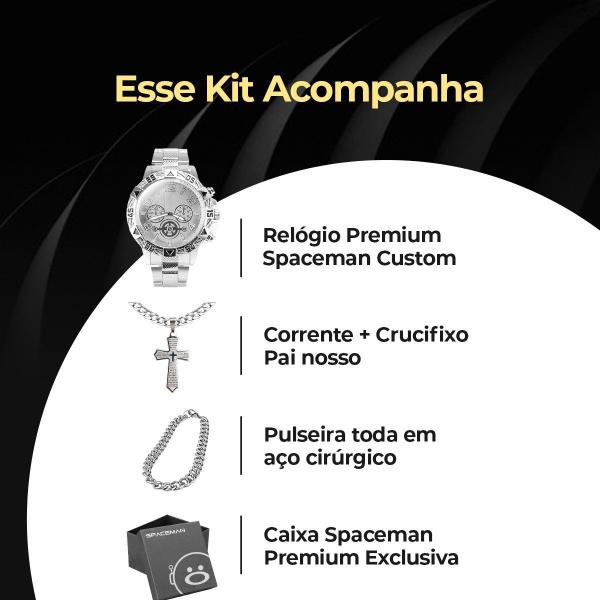 Imagem de relogio masculino aço prata + cordão cruz + pulseira + caixa original pesado grande robusto social