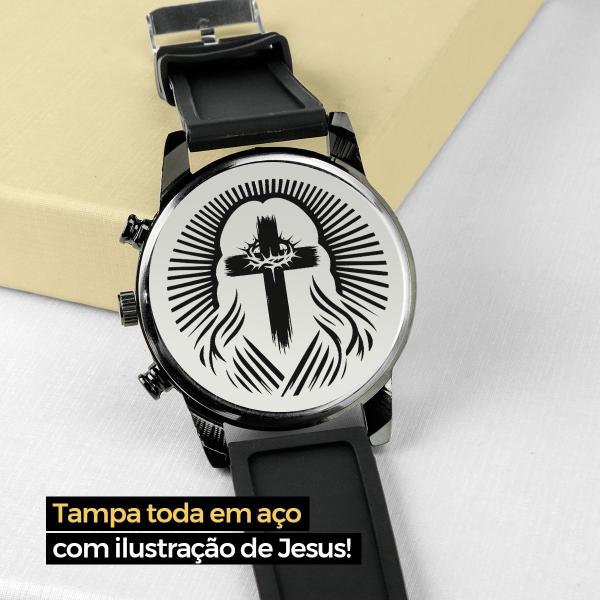 Imagem de relogio masculino aço preto + colar crucifixo + caixa oração pai nosso social inoxidável religioso