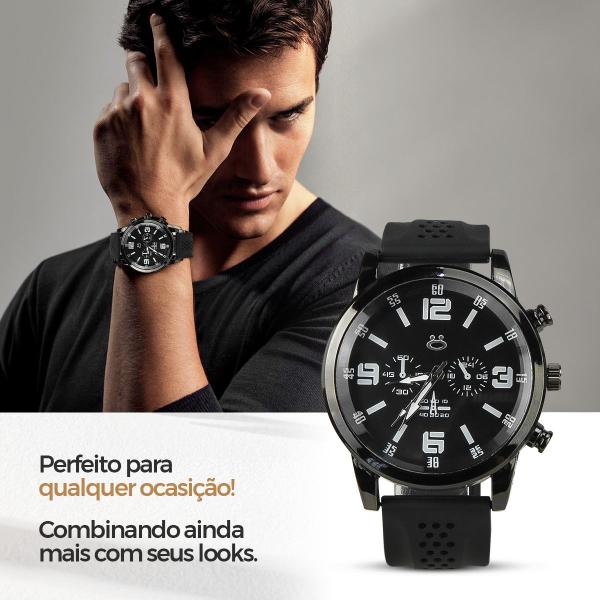 Imagem de relogio masculino aço preto + pulseira + colar crucifixo robusto black piano pesado ponteiro prata