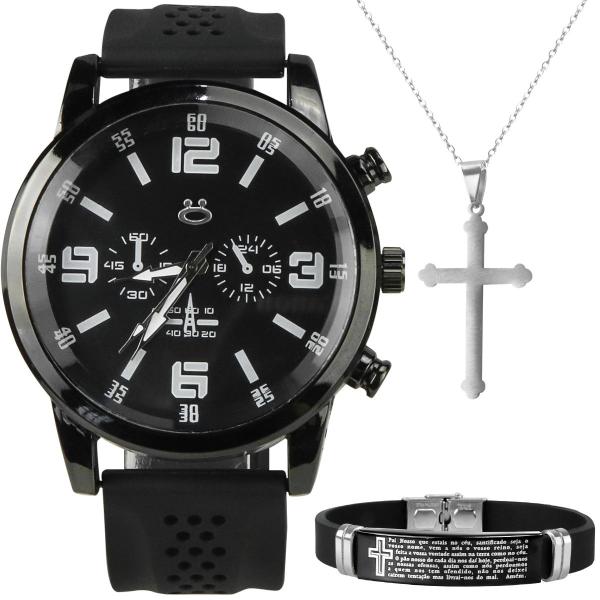 Imagem de relogio masculino aço preto + pulseira + colar crucifixo robusto black piano pesado ponteiro prata