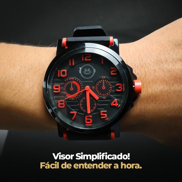 Imagem de Relógio Masculino Analógico Aço inoxidável Preto com Detalhes em Vermelho Pulseira de Borracha Preta Ajustável Orizom Spaceman 