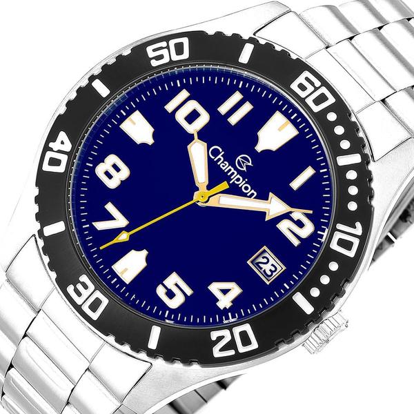 Relógio masculino analógico com calendário em aço inox caixa 44mm aro preto fundo azul - Champion Imagem de Relógio masculino analógico com calendário em aço inox caixa 44mm aro preto fundo azul