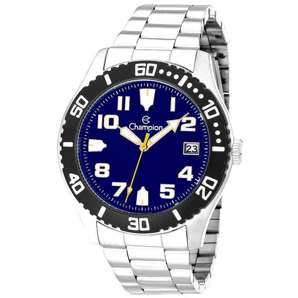 Relógio masculino analógico com calendário em aço inox caixa 44mm aro preto fundo azul - Champion Imagem de Relógio masculino analógico com calendário em aço inox caixa 44mm aro preto fundo azul