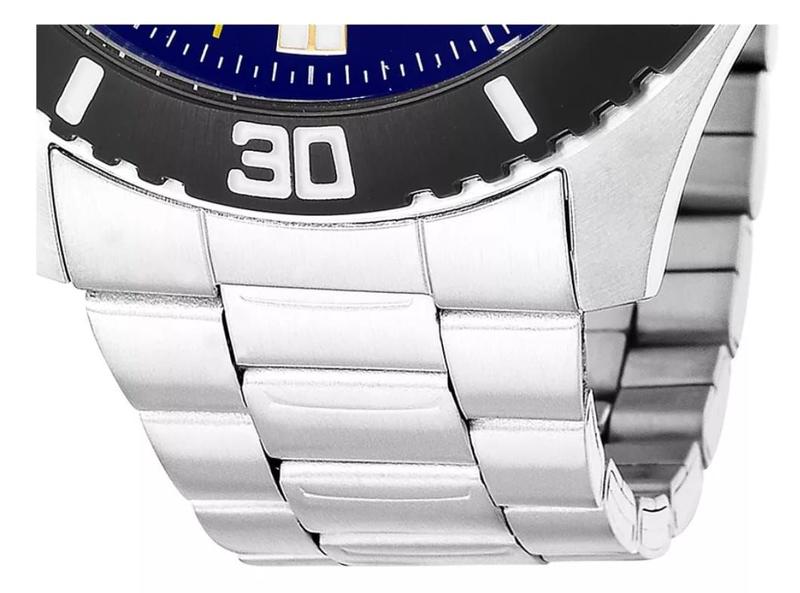Relógio masculino analógico com calendário em aço inox caixa 44mm aro preto fundo azul - Champion Imagem de Relógio masculino analógico com calendário em aço inox caixa 44mm aro preto fundo azul