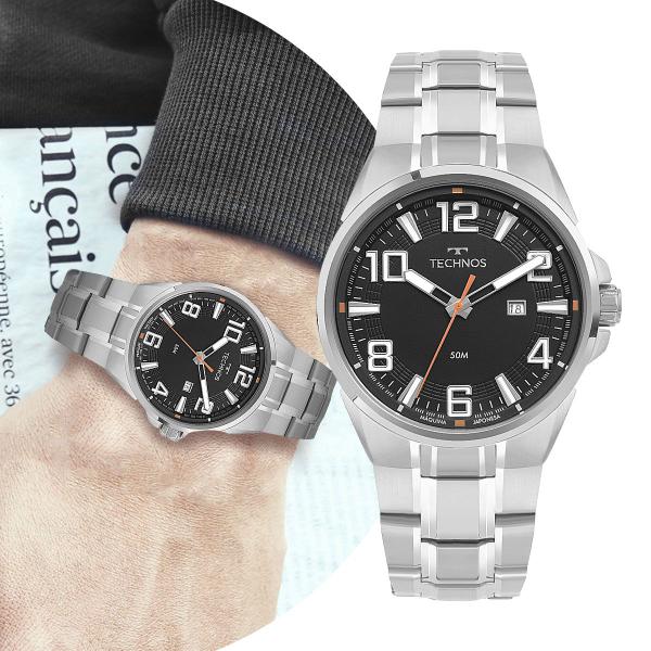 Relógio Masculino Analógico de Pulso Prata e Preto com Caixa e Pulseira de Aço Inoxidável ...