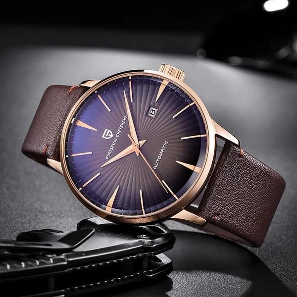 Imagem de Relógio Masculino Automático Dourado Pagani Design - Pulseira de Couro à Prova d'Água