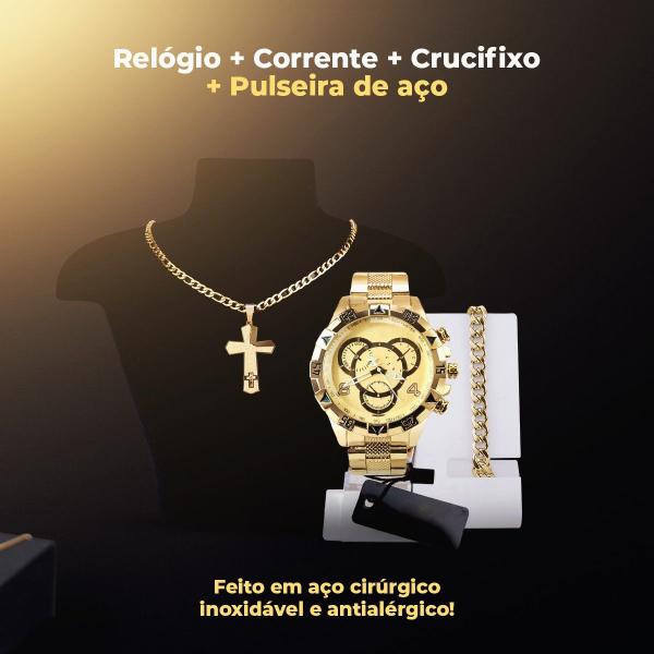 Imagem de Relogio masculino banhado aço ouro + pulseira + crucifixo presente pesado qualidade premium social