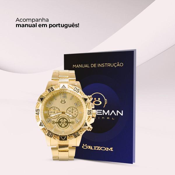 Imagem de Relogio + masculino banhado dourado aço inox personalizado ouro + caixa presente analogico original