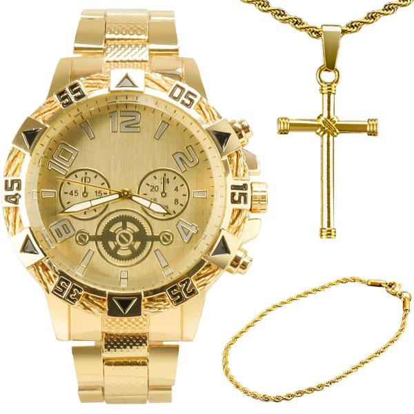 Imagem de relogio masculino banhado dourado + crucifixo + pulseira prova dagua robusto presente casual social