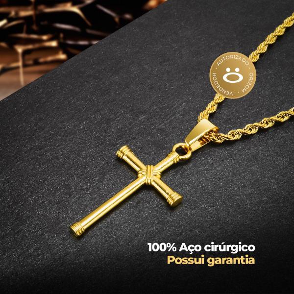 Imagem de relogio masculino banhado dourado + pulseira + crucifixo presente prova dagua qualidade premium