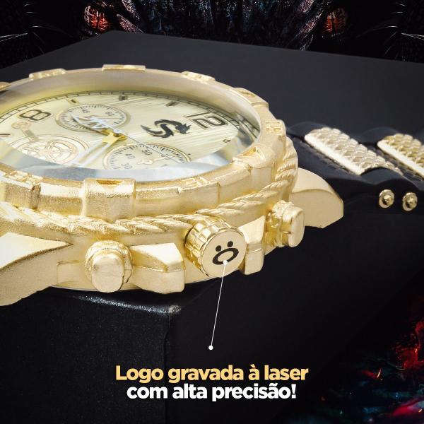 Imagem de relogio masculino banhado ouro + corrente crucifixo pulseira analogico casual social ajustavel