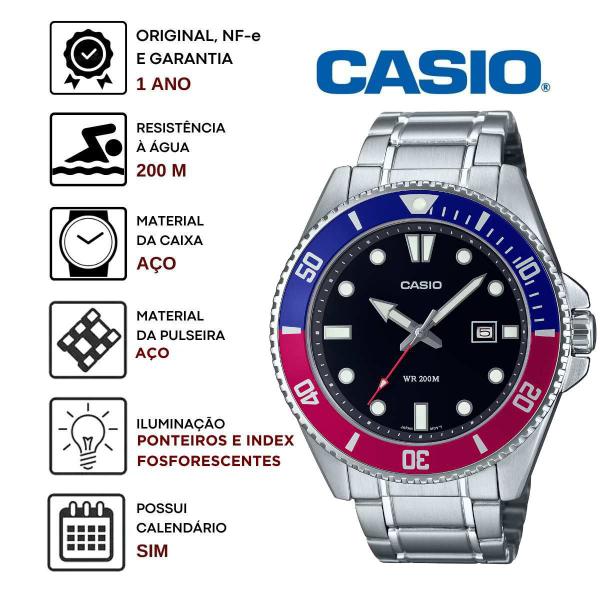 Imagem de Relógio Masculino Casio Duro Analógico Prova Dágua 200 Metros Aço Inóx Redondo Robusto Esportivo Prata MDV-107D-1A3VDF