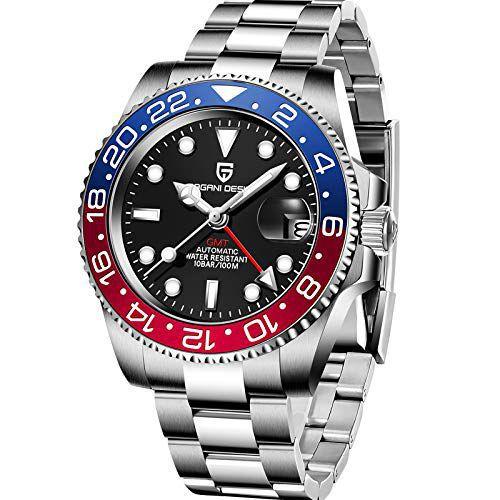 Imagem de Relógio masculino de aço inoxidável Pagani Design GMT automático de vidro safira moderno negócios, Azul, vermelho