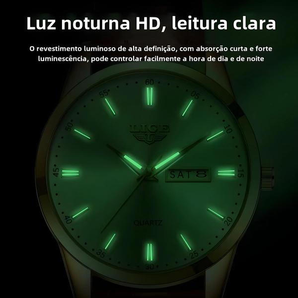 Imagem de Relógio Masculino de Quartzo com Pulseira de Couro - À Prova d'Água - Estilo Luxo Lige