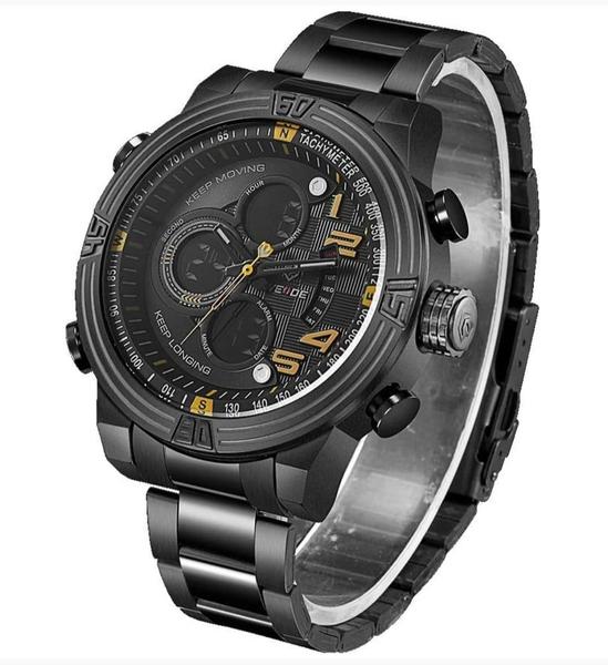 Imagem de Relógio masculino digital analógico weide preto amarelo 5209 inox multifunção esportivo