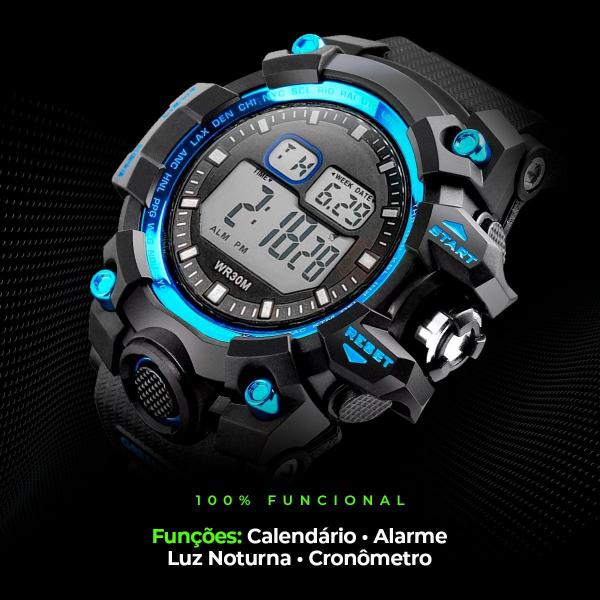 Imagem de relogio masculino digital prova dagua + qualidade premium original grande robusto azul preto alarme