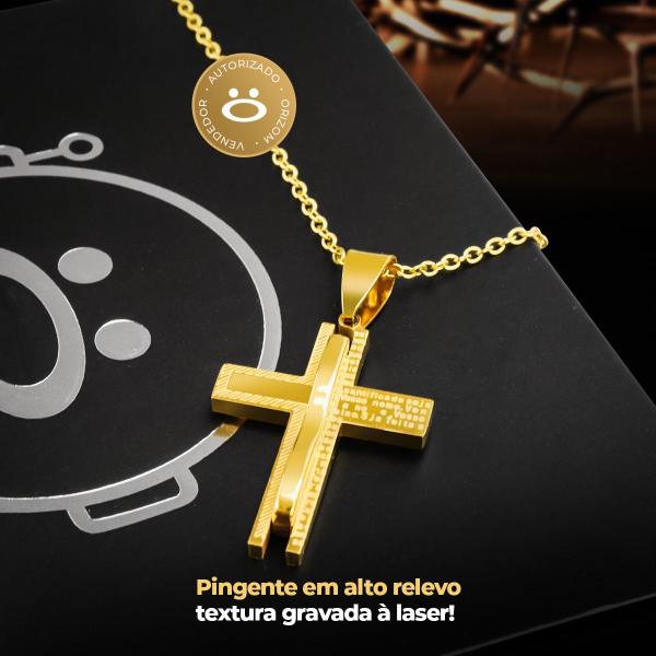 Imagem de Relogio masculino dourado aço + cordão pingente cruz + caixa qualidade premium original presente