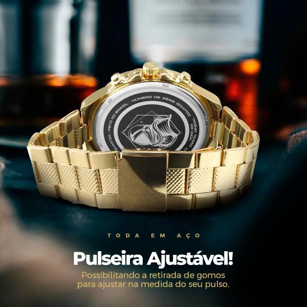 Imagem de relogio masculino dourado aço + corrente + cordão presente original qualidade premium analogico