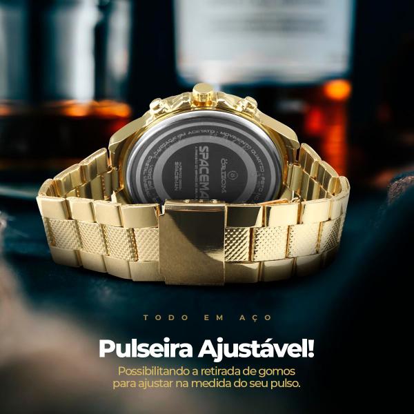 Imagem de relogio masculino dourado aço inox + caixa original edição limitada pesado analogico presente casual