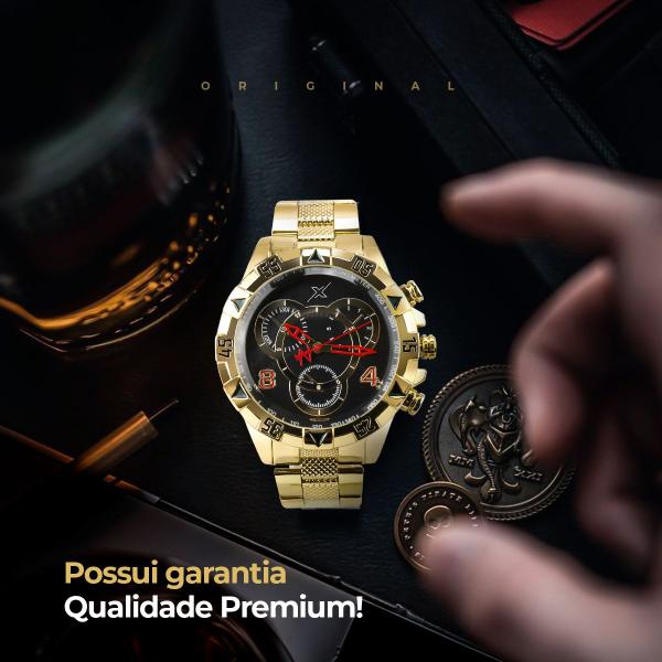 Imagem de Relogio masculino dourado aço + pulseira + caixa presente