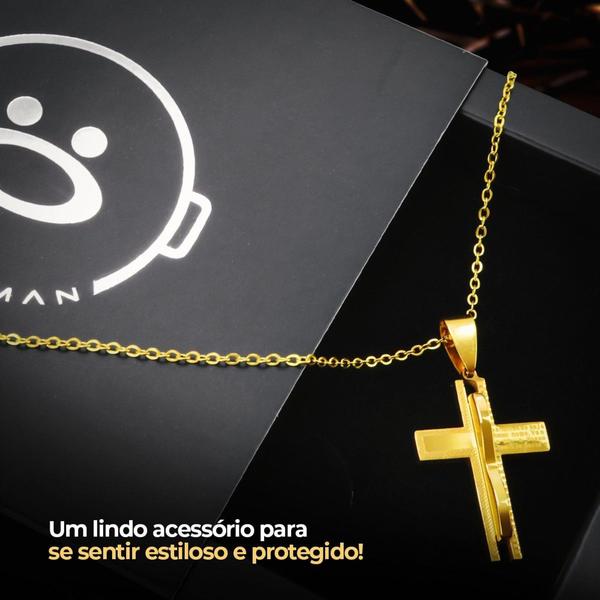 Imagem de Relógio Masculino Dourado Analógico Premium +  Corrente Pingente Cruz 18k