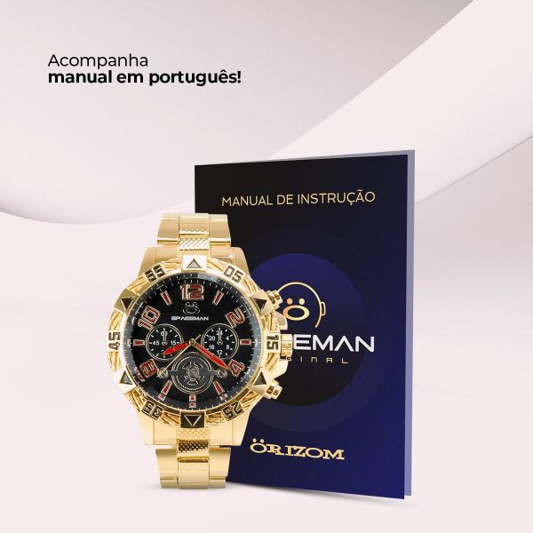 Imagem de Relogio masculino dourado banhado inox personalizado + caxa casual analogico social presente preto