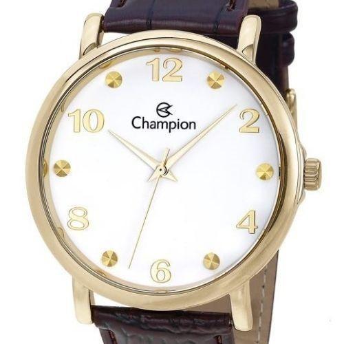 Imagem de Relógio Masculino Dourado Champion Pulseira Couro Marrom +Nf