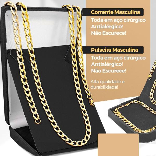 Imagem de relogio masculino dourado + cordao grumet + caixa pulseira ponteiro original robusto aço inoxidavel