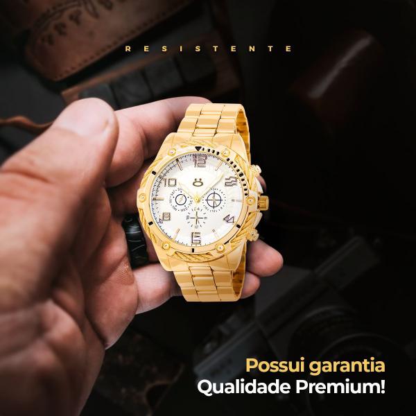 Imagem de relógio masculino  dourado + cordão grumet + caixa + pulseira