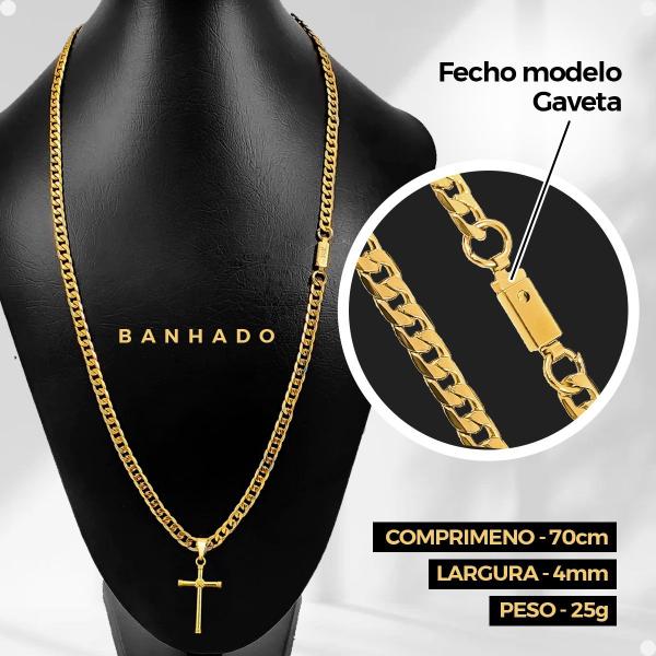 Imagem de relogio masculino dourado + cordão + oculos sol + pulseira religioso proteção uv casual presente