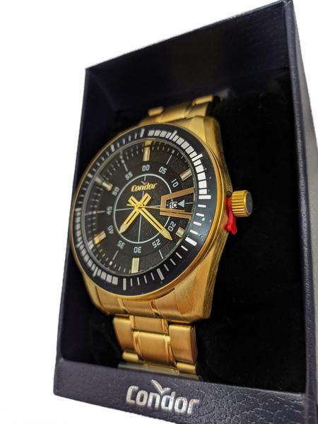 Imagem de Relógio masculino dourado e preto condor com data analógico social inox luxo discreto