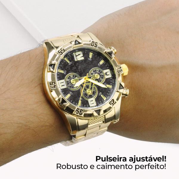 Imagem de Relogio masculino dourado fundo preto + pulseira corrente grumet+cordão cruz  presente casual social preto