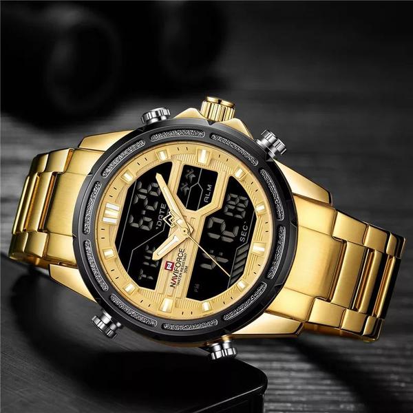 Imagem de Relógio masculino dourado naviforce digital e analógico anadigi inox casual esportivo