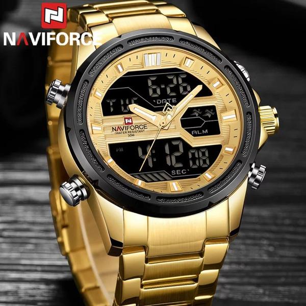 Imagem de Relógio masculino dourado naviforce digital e analógico anadigi inox casual esportivo