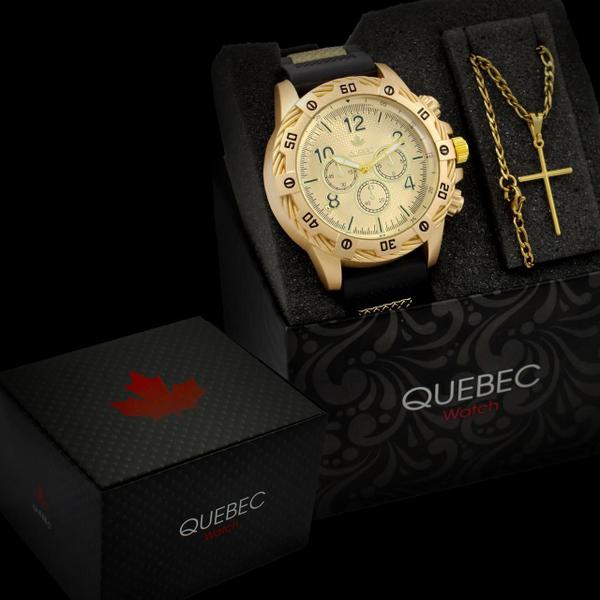 Imagem de Relógio Masculino Dourado Original QUEBEC + Corrente e Pulseira Top