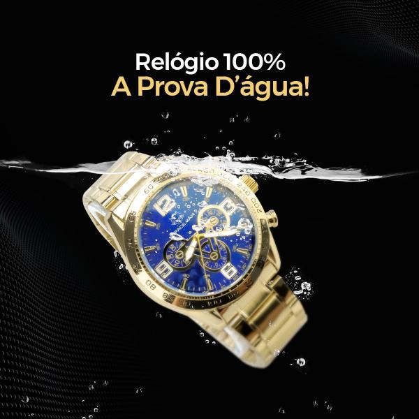 Imagem de relogio masculino dourado prova dagua + crucifixo + pulseira resistente presente aço inoxidável