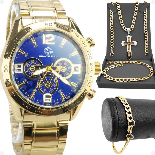 Imagem de relogio masculino dourado prova dagua + crucifixo + pulseira resistente presente aço inoxidável