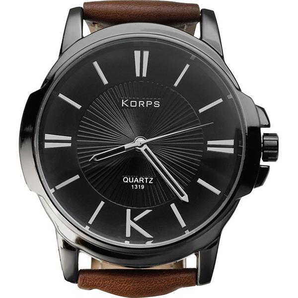 Imagem de Relógio Masculino Luxo Korps 1319 Diamante Negro Pulseira Couro Marrom