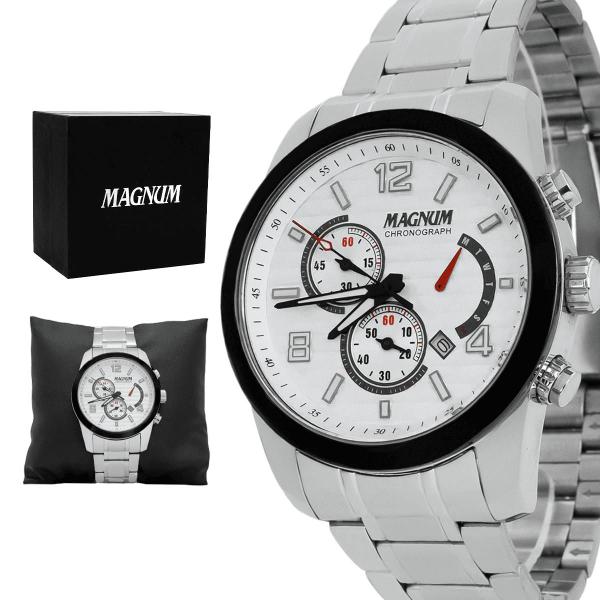Relogio Masculino Magnum Analogico Aço Inoxidavel Prata Mostrador Branco Calendario Cronog...