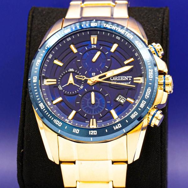 Imagem de Relógio Masculino Orient Dourado Azul Cronógrafo Original Prova D'água Garantia 1 ano MGSSC024 D1KX