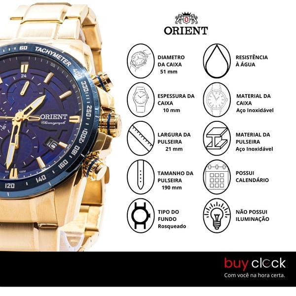 Imagem de Relógio Masculino Orient Dourado Azul Cronógrafo Original Prova D'água Garantia 1 ano MGSSC024 D1KX