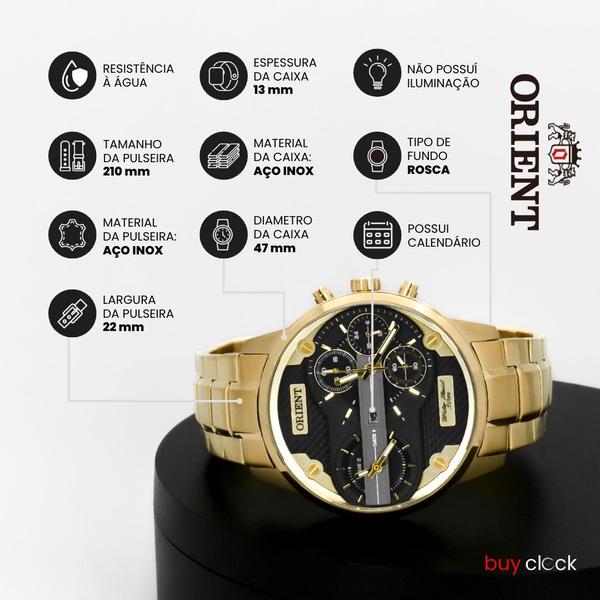 Imagem de Relógio Masculino Orient Dourado Cronógrafo Original Prova D'água Garantia 1 ano MGSST001 P1KX 